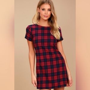 LULU'S COZY CORNER NAVY BLUE AND RED PLAID DRESS